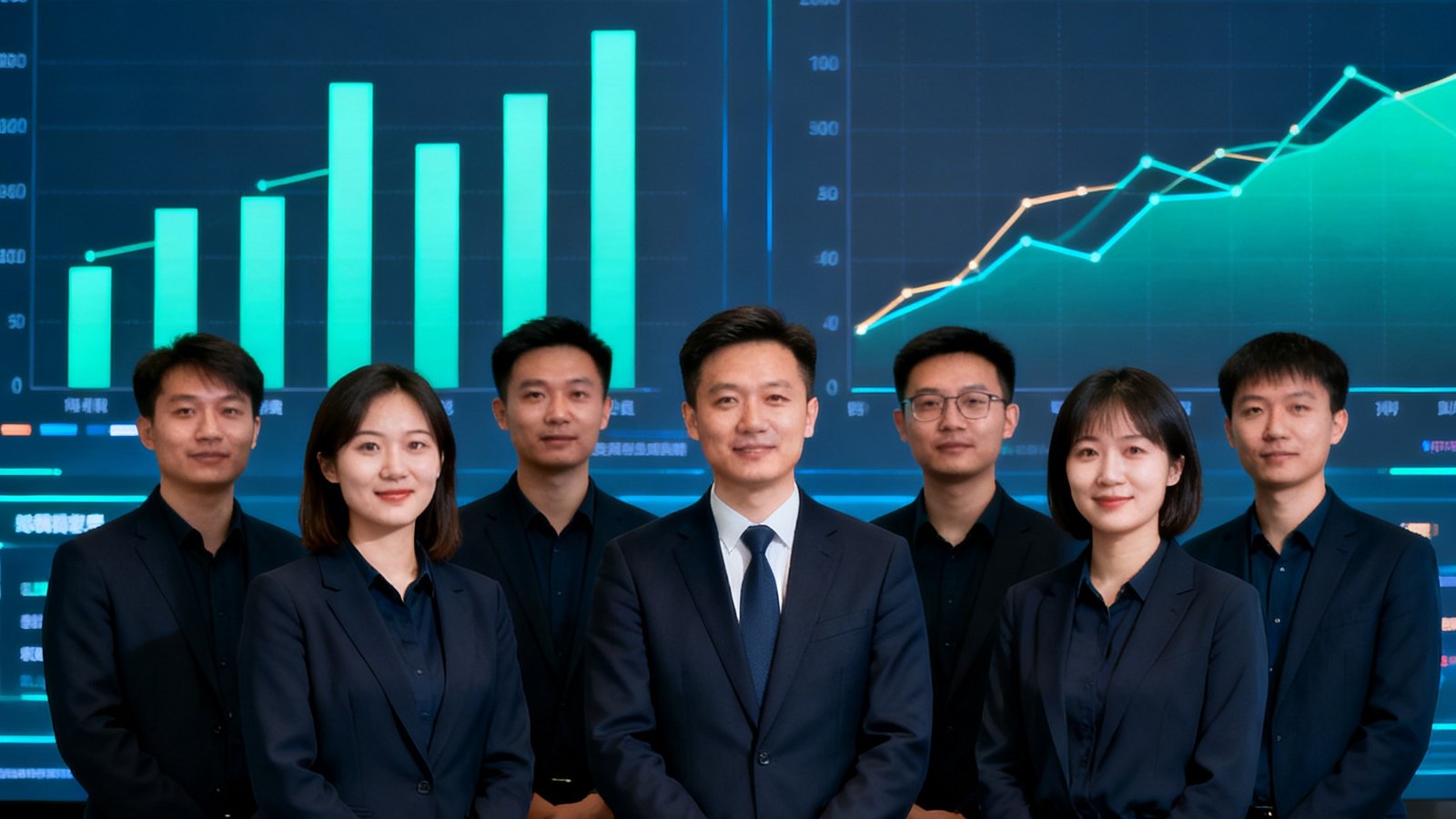 500比分团队合影，背景是数据大屏显示实时比分与预测模型